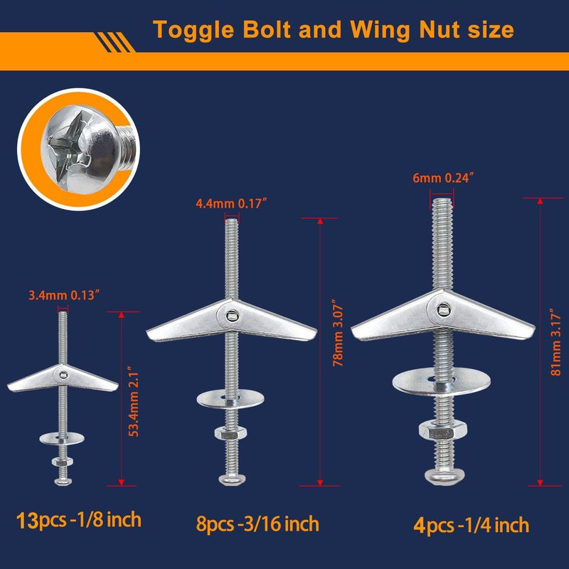 weideer 100Pcs Toggle Bolts 1/8" 3/16" 1/4" Heavy Duty Drywall Anchors and Screws Assortment Set Toggle Bolts and Wing Nut Kit with Nuts washers (25sets) K-136 - Image 2